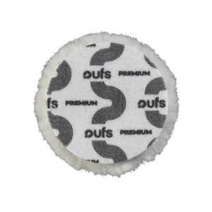 FURY M white super cut rotary wool pad 135mm rear velcro backing with PUFS Premium branding