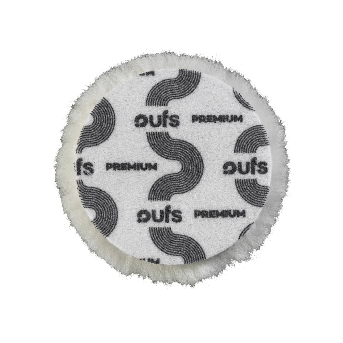 FURY M white super cut rotary wool pad 135mm rear velcro backing with PUFS Premium branding