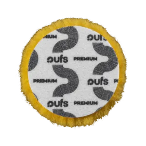 FURY D yellow heavy cut rotary wool pad 135mm rear velcro backing with PUFS branding