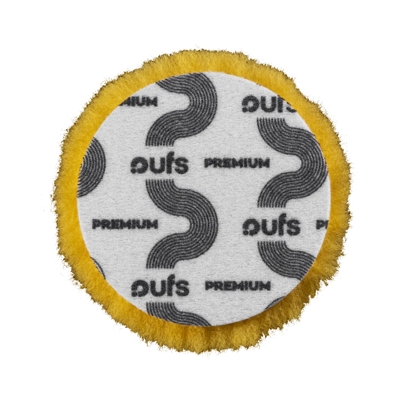 FURY D yellow heavy cut rotary wool pad 135mm rear velcro backing with PUFS branding