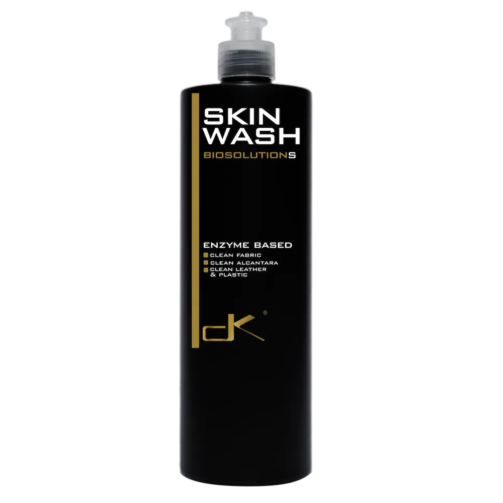 DK Skin Wash Biosolutions enzyme based interior cleaner bottle clean fabric alcantara leather and plastic automotive bio cleaning solution by DK